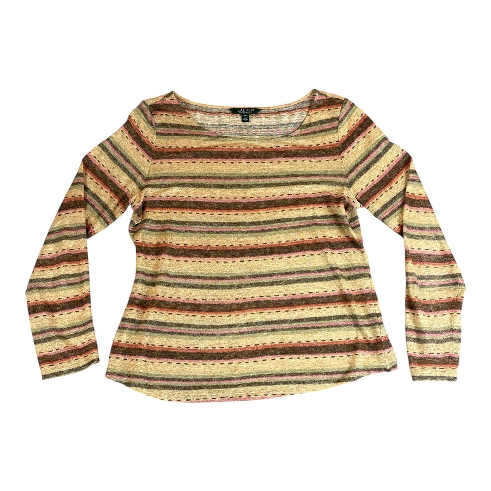 Lauren Ralph Lauren Top Womens PM Multicolor Striped Linen Preppy Classic Shirt